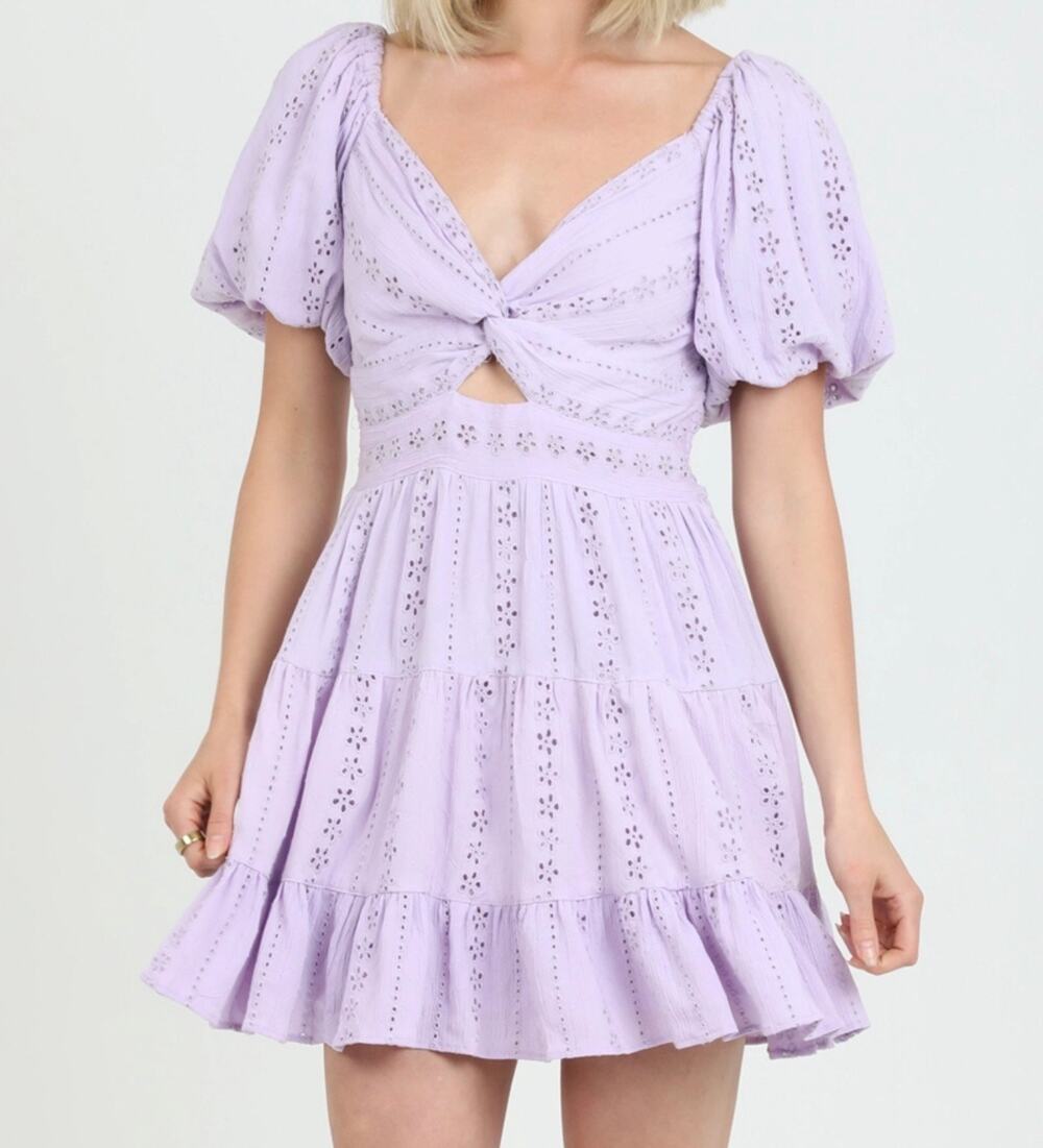 Small Angie Eyelet Embroidered Bubble Sleeve Dress Cut Out NWT